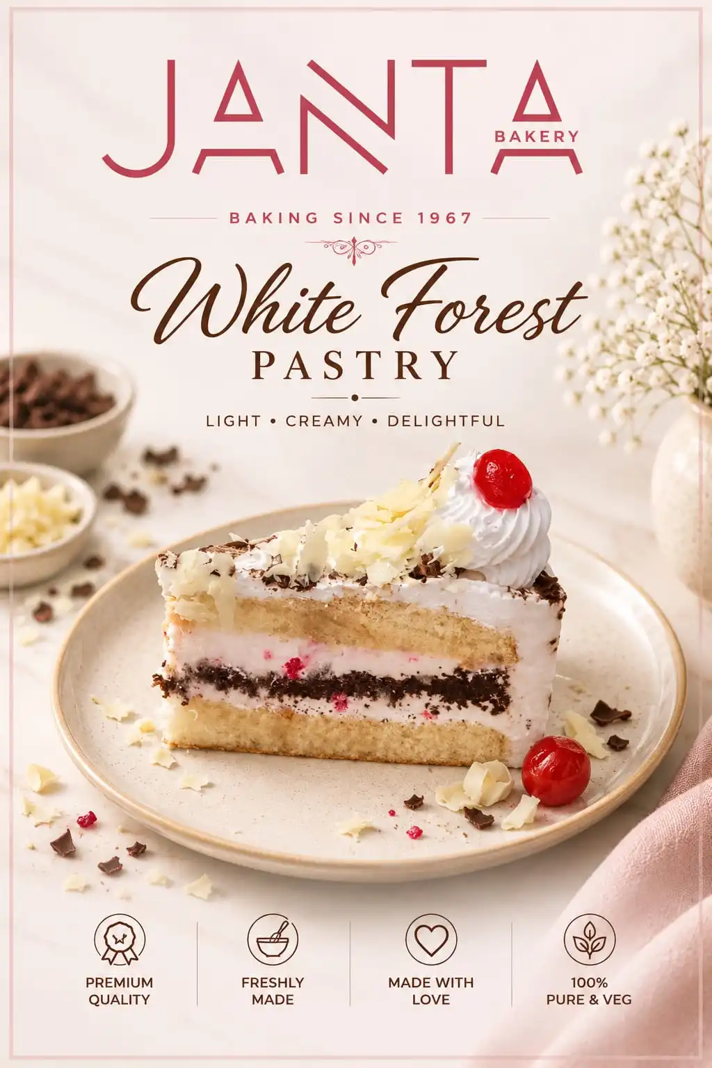 Eggless White Forest Pastry